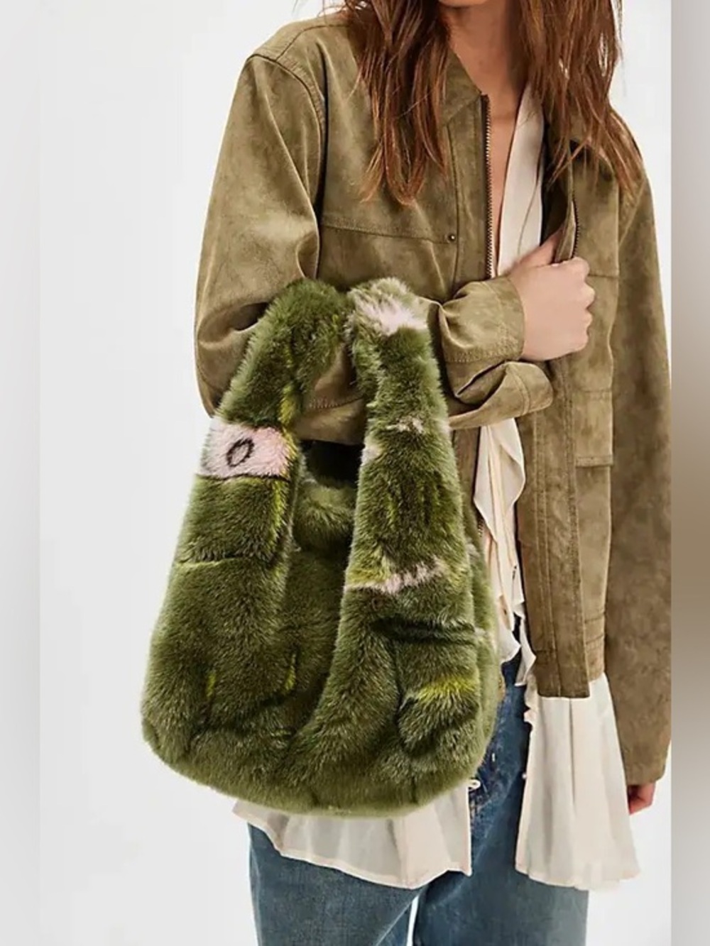 JAKKE  Lobster Printed Bertha Bag Olive Green Faux Fur Hobo Bag
